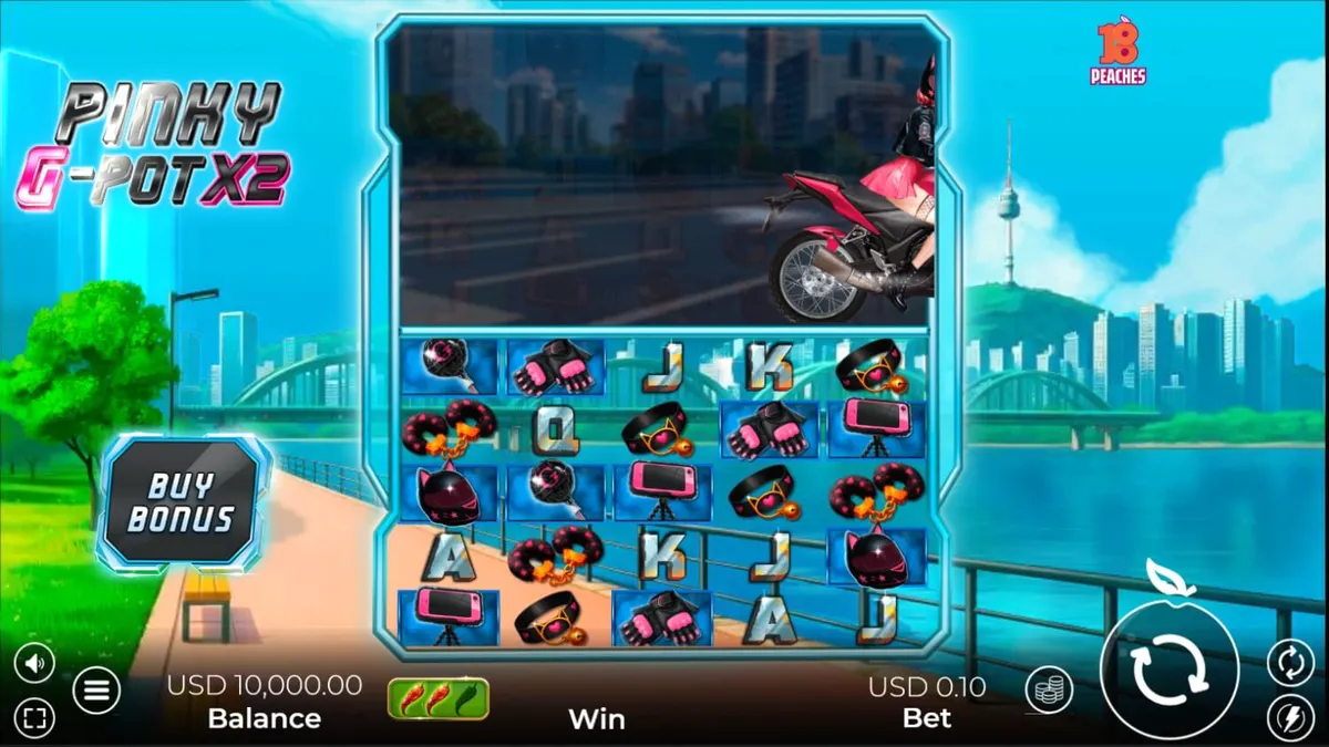 Tampilan visual neon futuristik dari slot Pinky G-Pot X2 dengan tema balap motor Seoul